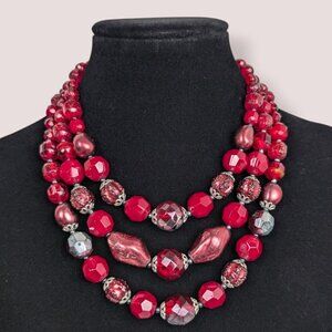 Vintage 3-Strand Red Beaded Statement Necklace